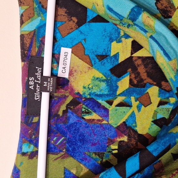 ABS Silver Label sleeveless colourful abstract faux wrap midi dress medium - Picture 2 of 6